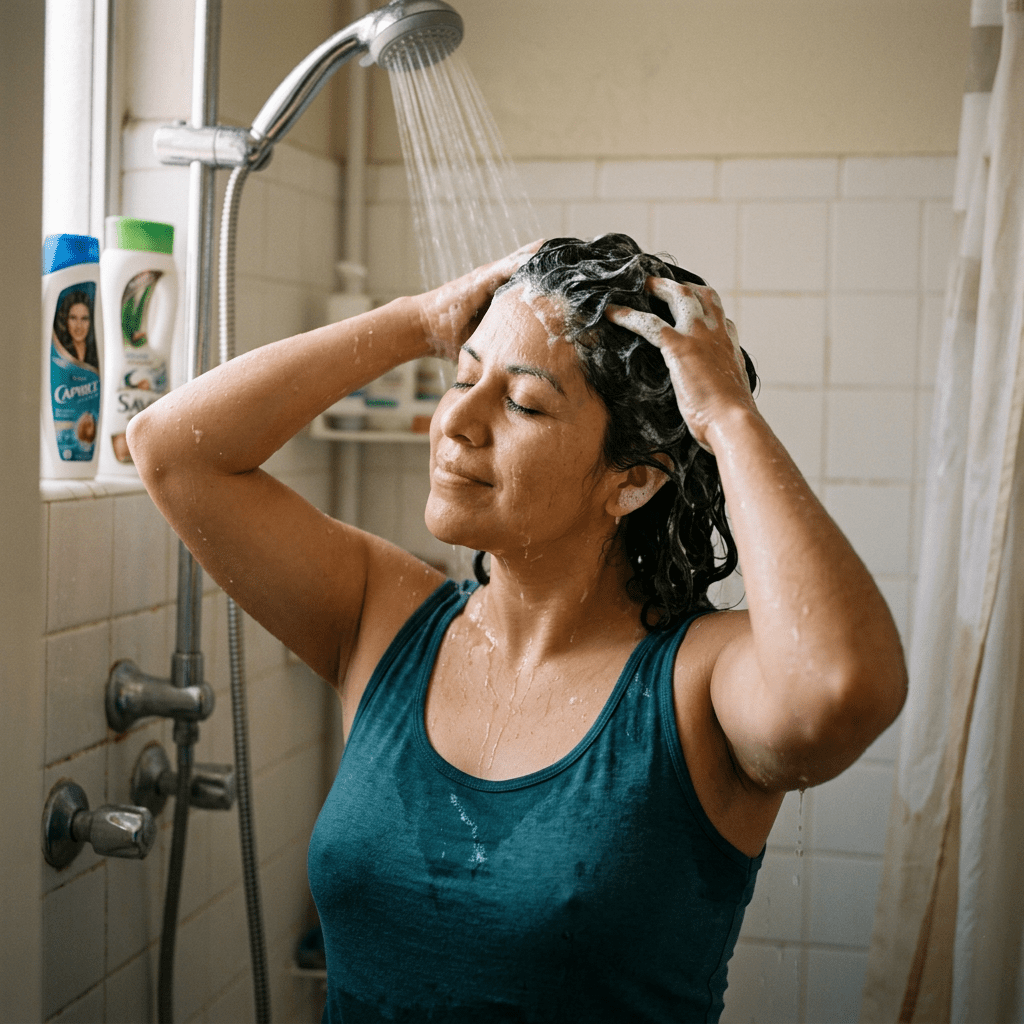 Woman washing hair with shampoo under shower with eyes closed