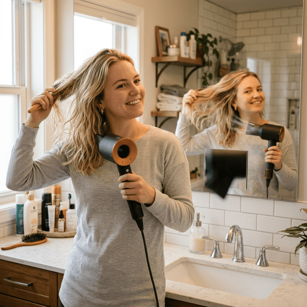 Woman drying and brushing hair with a hairdryer in a bathroom